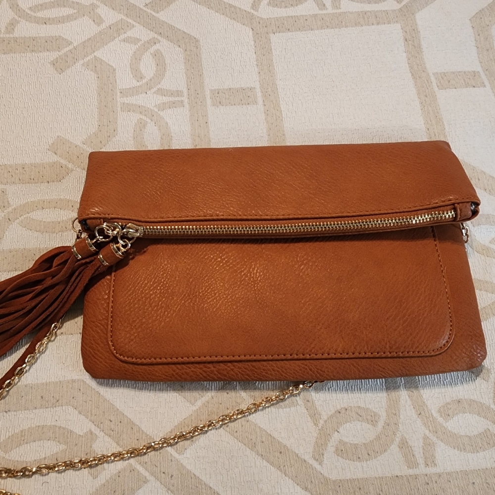 Moda Luxe Cognac Faux Leather Clutch With Tassels & Gold Tone Strap Crossbody